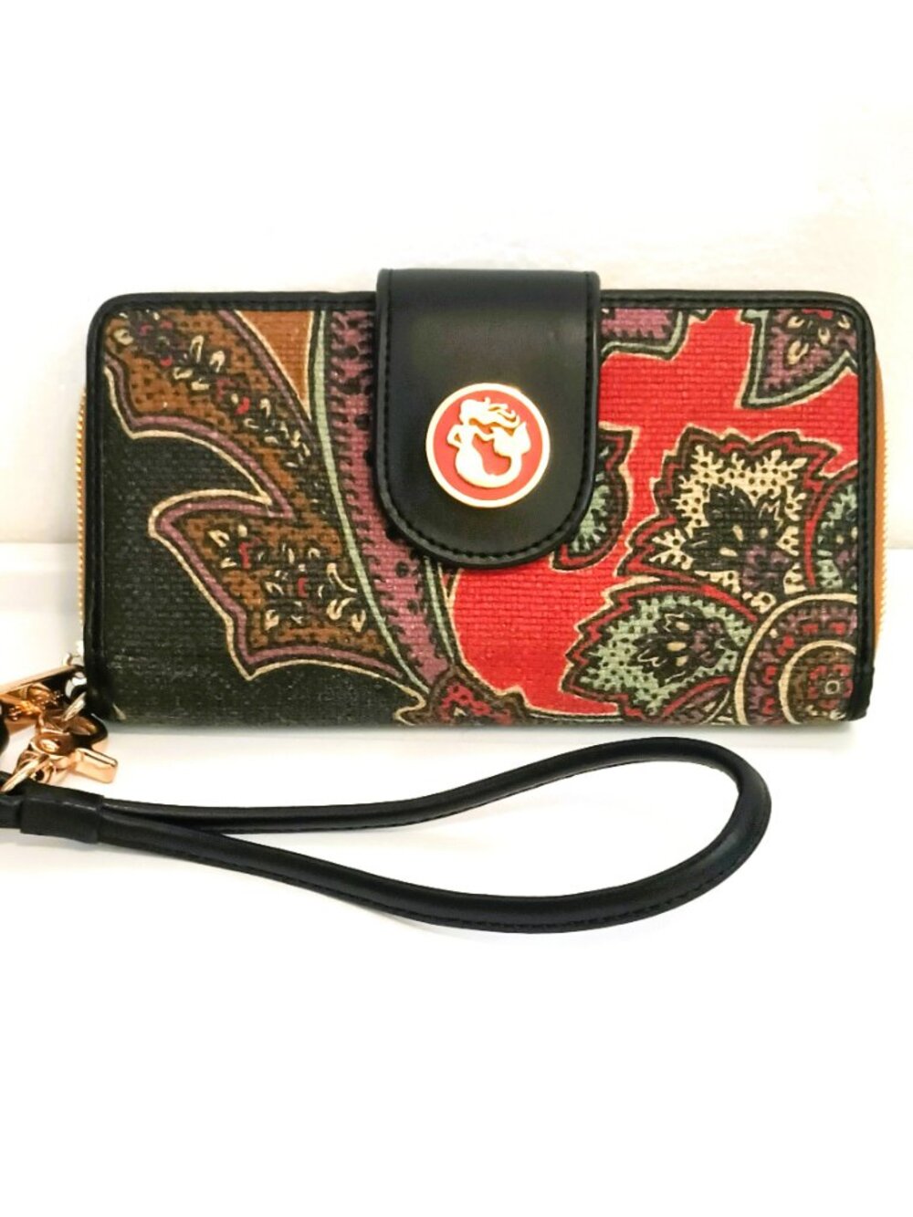Spartina 449 Natural Linen Paisley Wallet Leather Trim Zip Around Wristlet